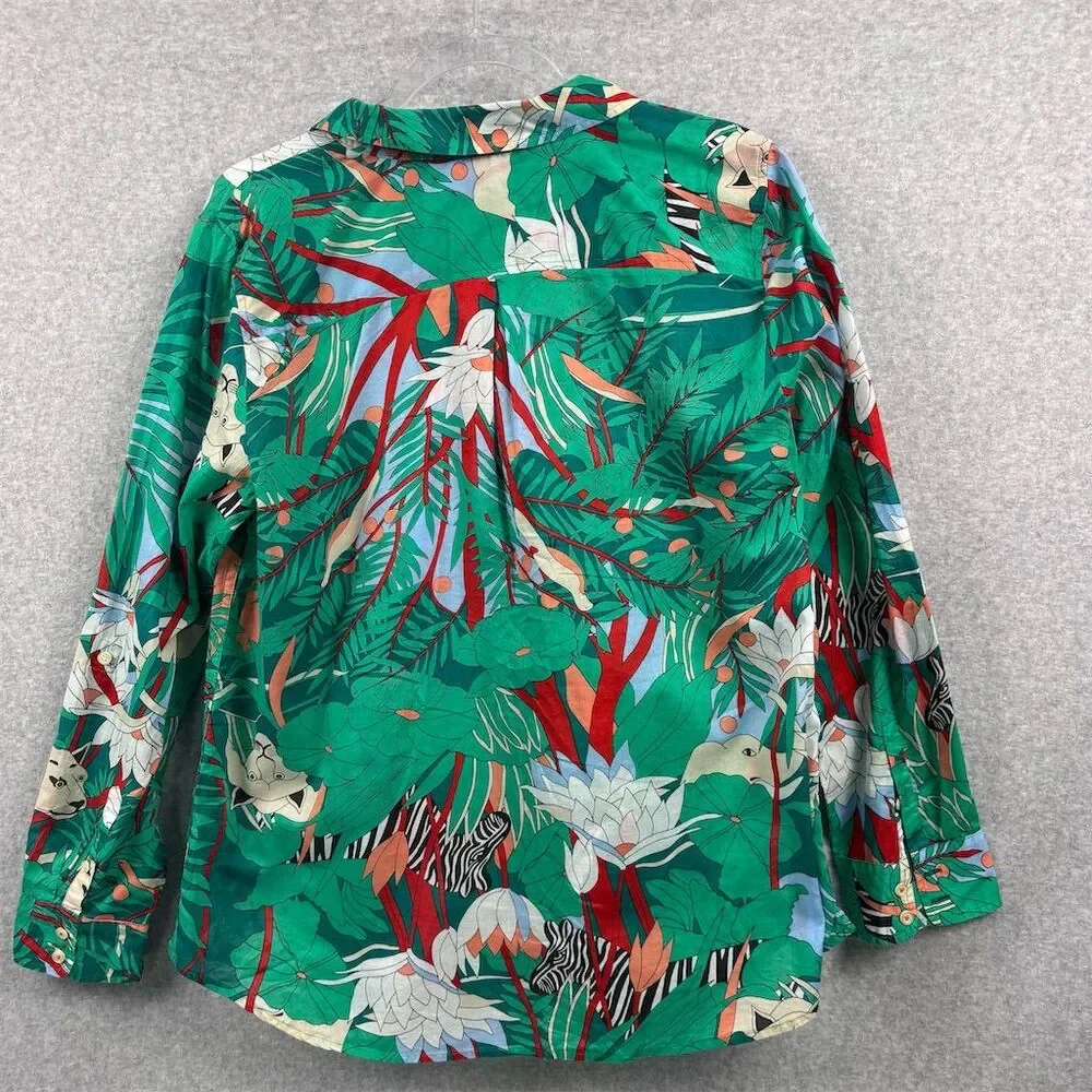 Talbots Women's Cotton Jungle Print Blouse Green Long Sleeve Size Large - Picture 4 of 10